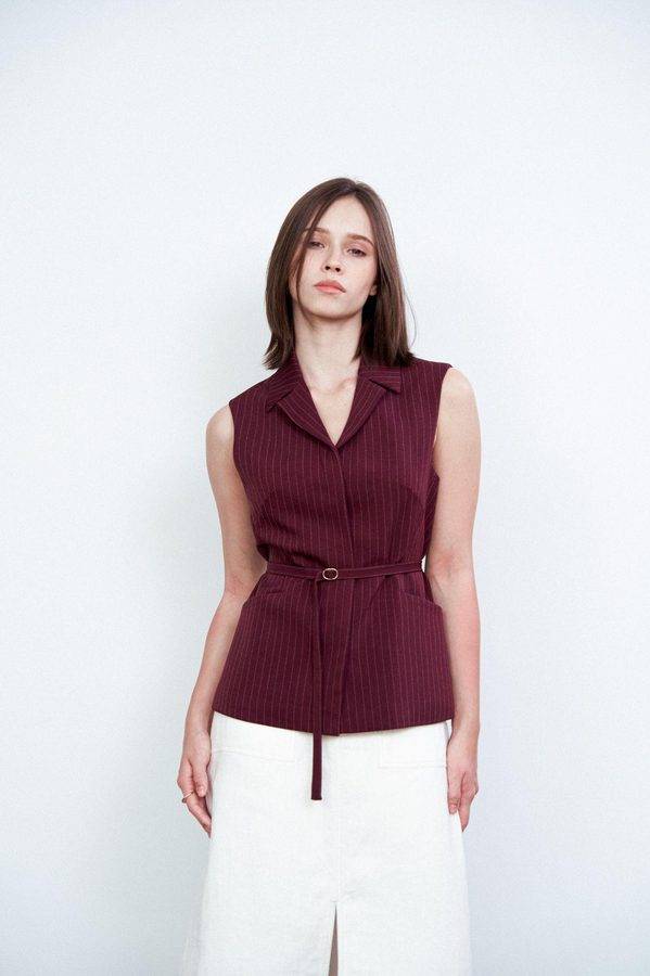 Burgundy Pinstripe Belted Vest