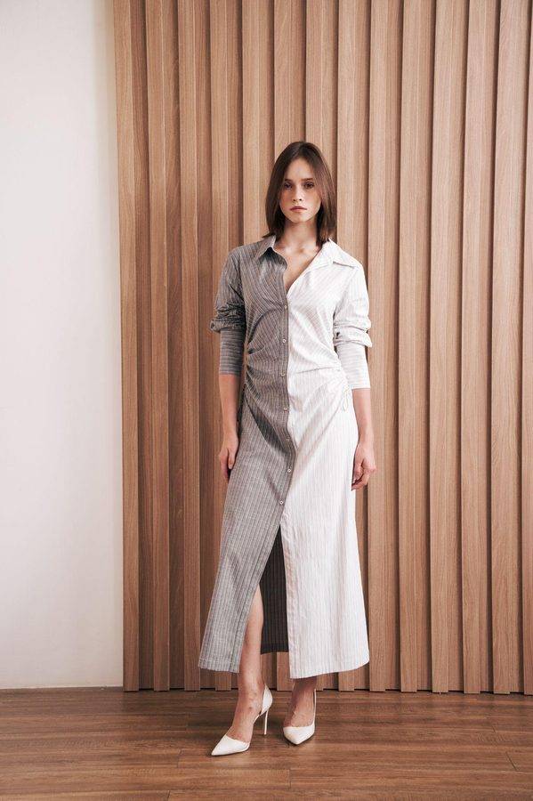 Dual-Tone Drawstring Shirt Dress