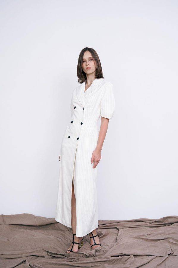 Double-Breasted Pinstripe Midi Dress