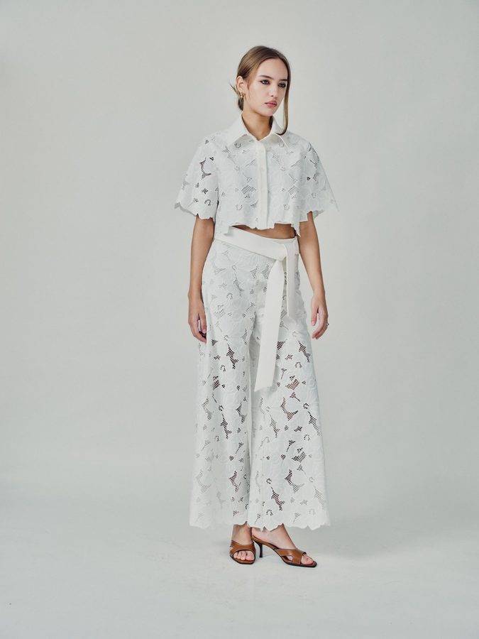Eyelet Floral Lace Pants With Tie Waist