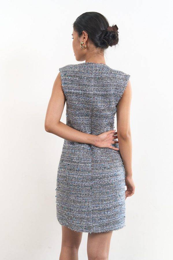 Tweed Sleeveless Belted Dress