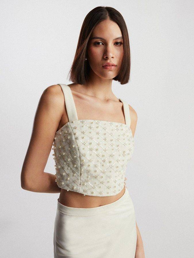 Sequin Embellished Tweed Crop Top