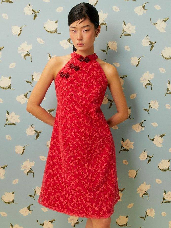 Floral Embroidery Knot Button Dress